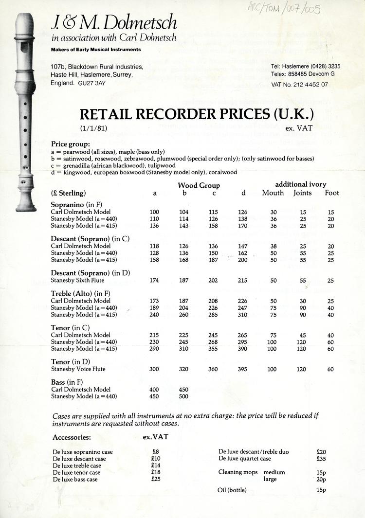 Image of Retail prices for Dolmetsch brand recorders