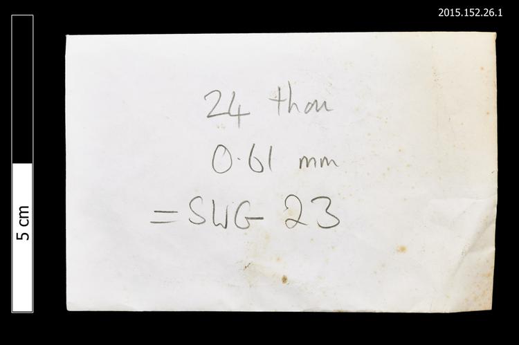 General view of envelope for spare string with identification of Horniman Museum object no 2015.152.26.1