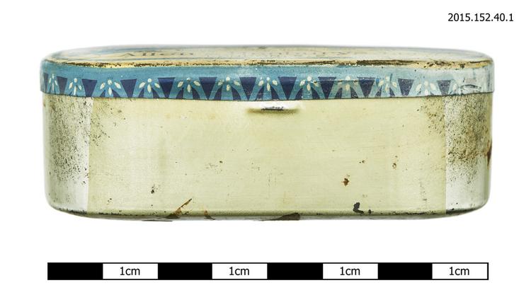 Side view of tin box for spare parts of Horniman Museum object no 2015.152.40.1