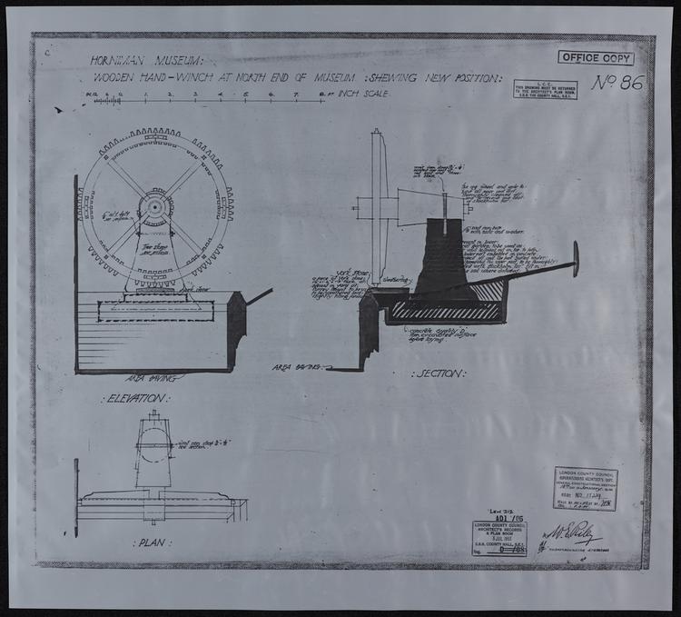 Image of Wooden Hand-winch at North End of Museum Shewing (sic) New Position