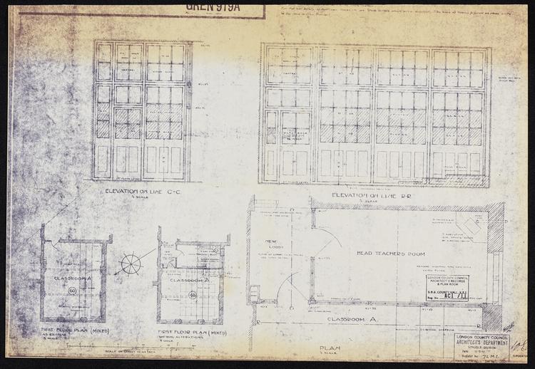 Image of Blackwall Lane School, Greenwich Division (Dreadnought) GREN 919A. Elevations on lines CC and RR, and First Floor Plans