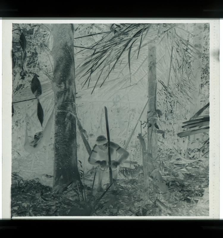 Image of Black and white negative of Wai Wai tribe man sitting carving paddle among forest