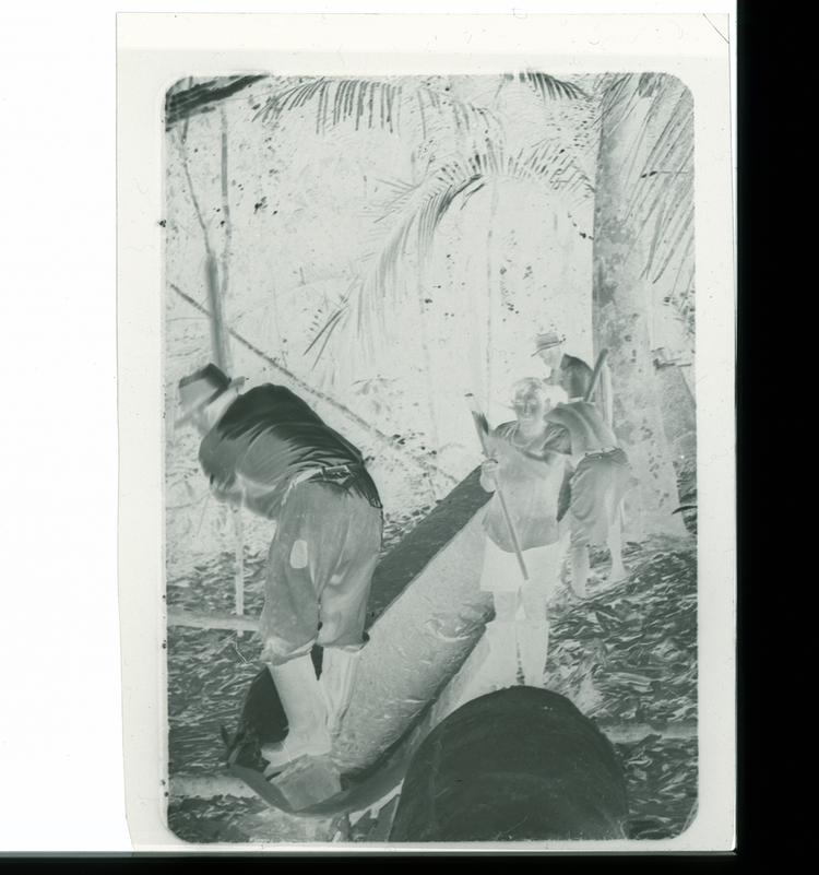 Image of Black and white negative of men carving out canoe in middle of forest