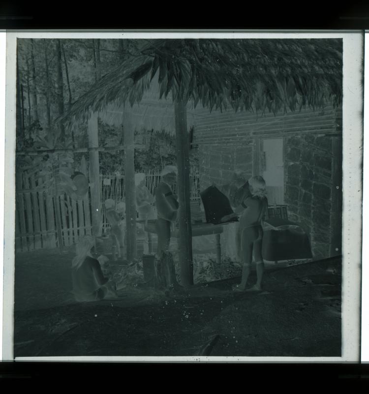 Image of Black and white negative of Wai Wai tribe members watching expedition member working with papers under grass hut