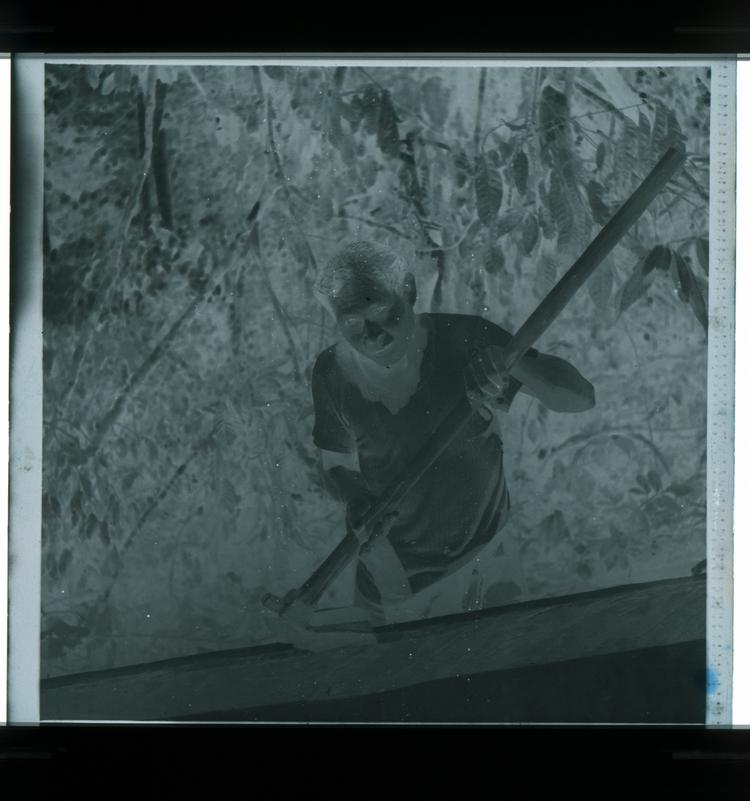 Image of Black and white negative of man coyly smiling at camera holding gardening hoe, mid shot