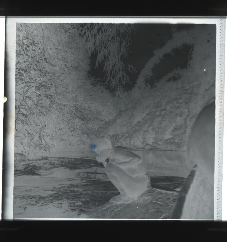 Image of Black and white negative of Wai Wai tribe member perching on rock drinking from the river