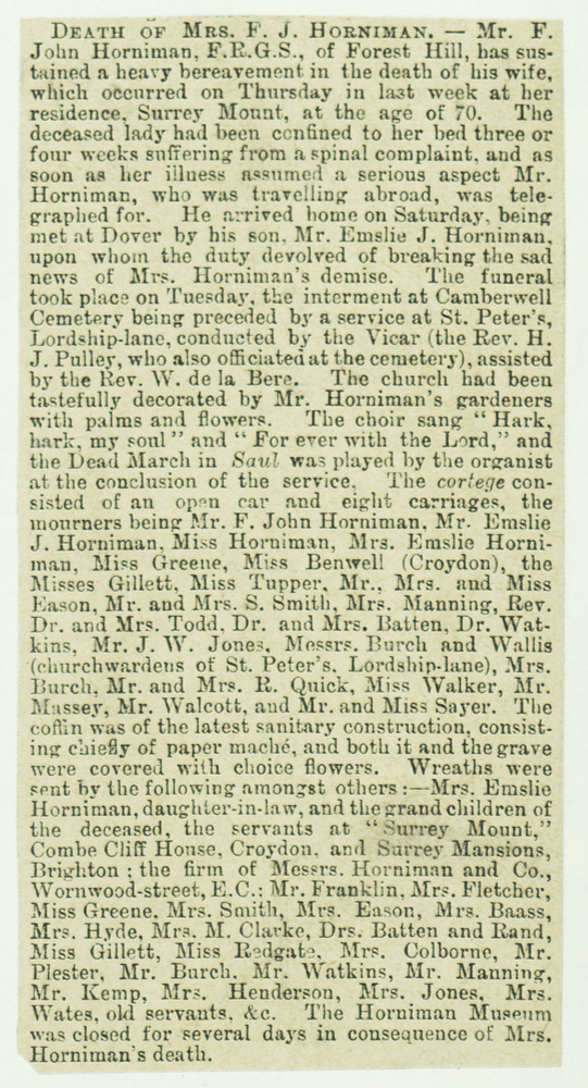 Image of Press cutting about the death of Mrs. F. J. Horniman