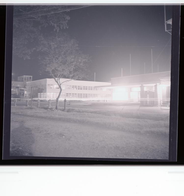 image of Black and white negative of building with sparse trees in foreground