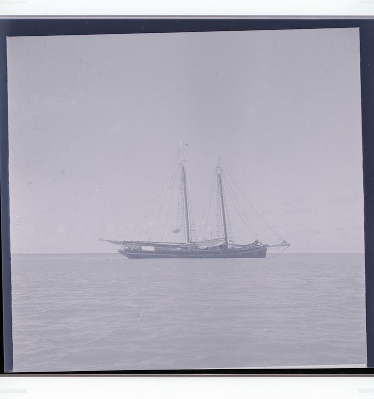 Image of Black and white negative of double-masted boat out on water