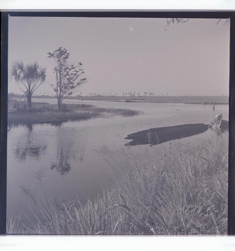 Image of Black and white negative of trees on horizon with wetlands and small motorboats in foreground