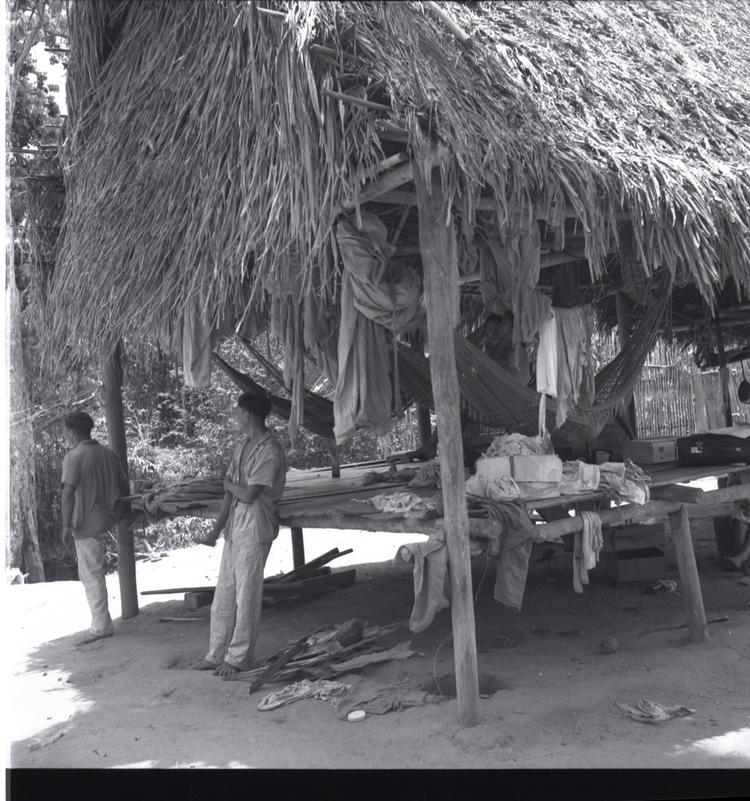 Image of Black and white medium format negative (scanned positive) of thatched home with open sides with two young men beside it (hammocks hang from roof)