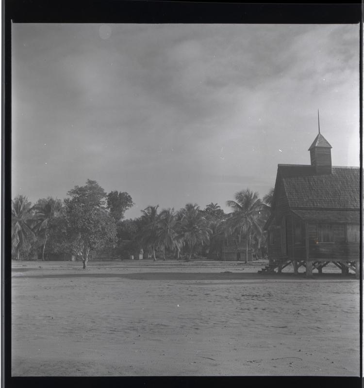 Image of Black and white medium format negative (scanned positive) side view of wooden church building