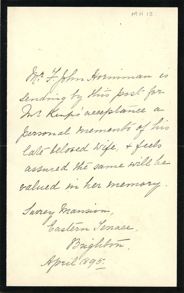 Image of Letter from Frederick John Horniman to Mr Kemp, 1895, regarding the death of Horniman's wife, Rebekah