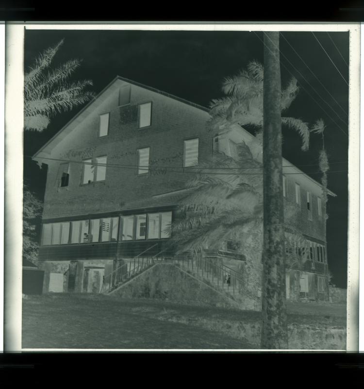 image of Black and white negative of stilted square multi-level house surrounded by trees