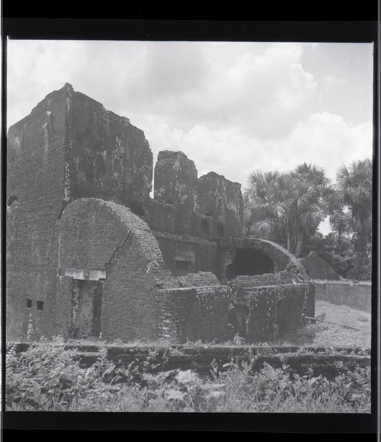 image of Black and white medium format negative of part of fort