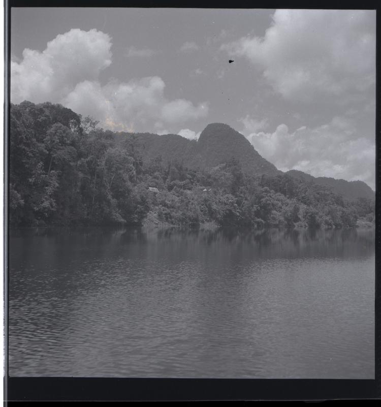 Image of Black and white medium format negative of view of hill from river