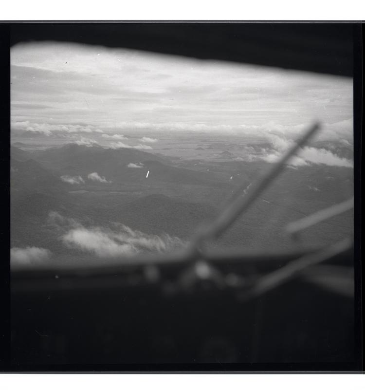 Black and white medium format negative of view from plane