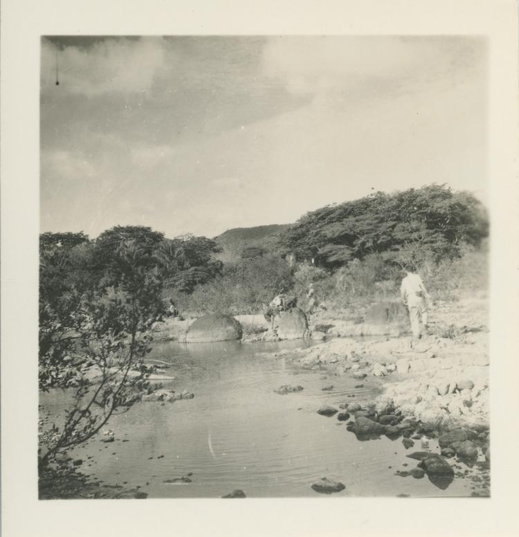 image of Black and white print of man standing near river with rocks and trees