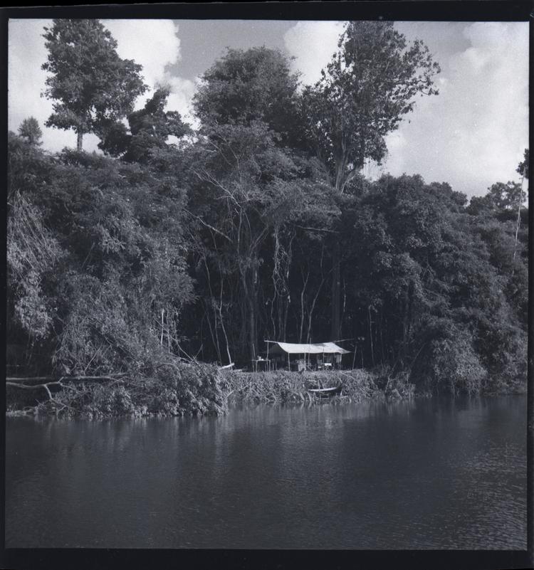 Black and white medium format negative of a hut beside a river in a small clearing in tall trees