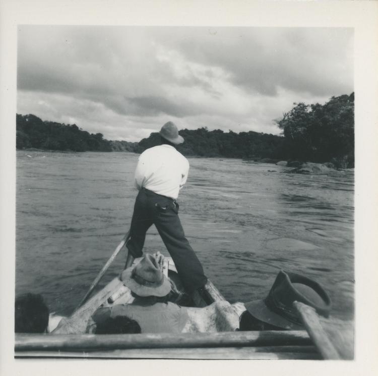 Image of Black and white print of man at prow of boat