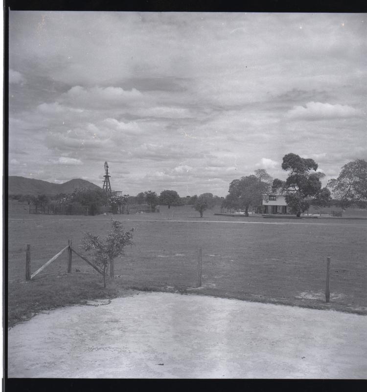 image of Black and white medium format negative of building in distance among trees - possibly a pond in the foreground