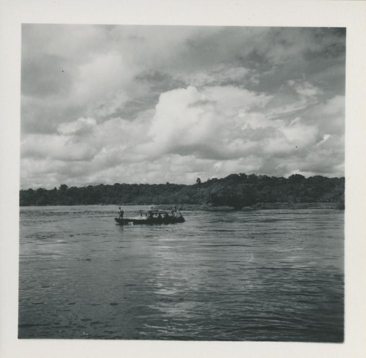 Image of Black and white print of boat on wide river