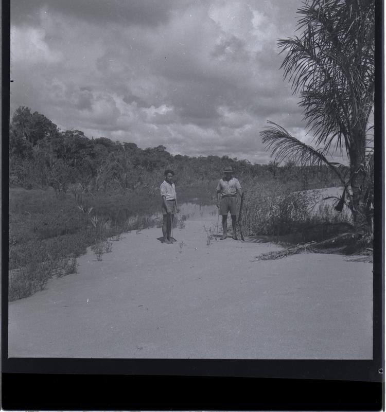 Image of Black and white medium format negative of two men standing with palm beside them