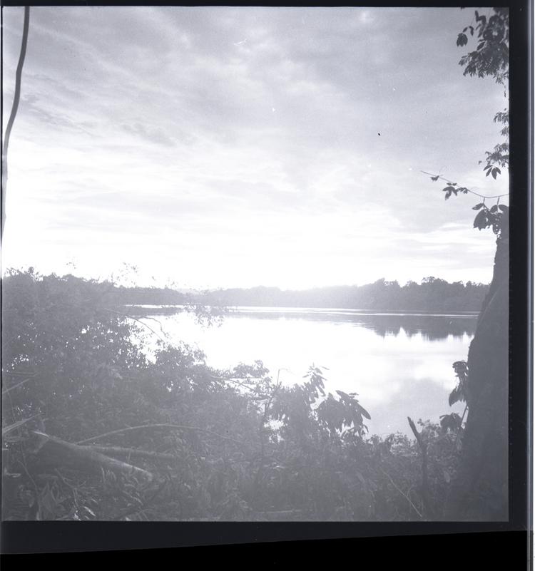 image of Black and white medium format negative of sunset or dawn over river