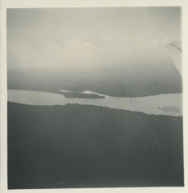 Image of Black and white print aerial view of river from plane