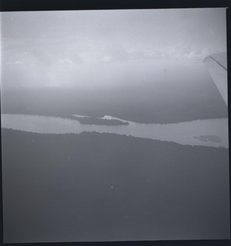 image of Black and white medium format negative of aerial view of river from plane