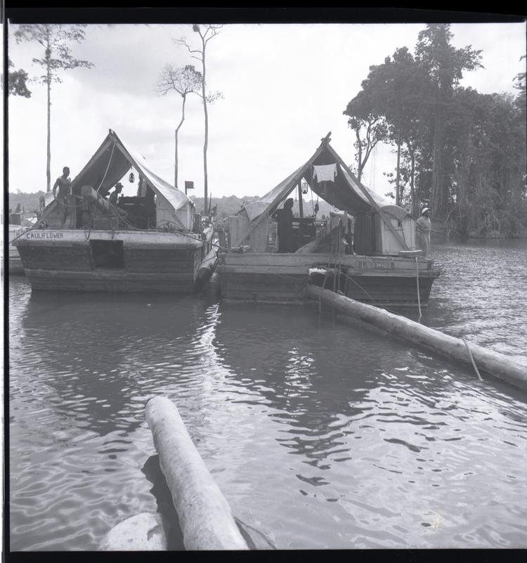 Image of Black and white medium format negative of 2 large boats on river with awnings