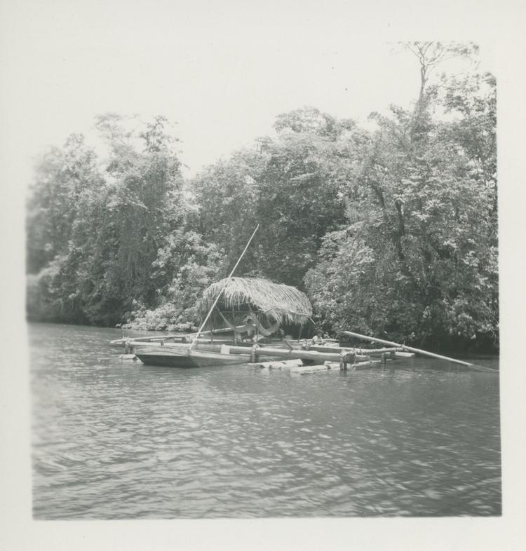 Image of Black and white print of raft with thatched roof and logs at side of river