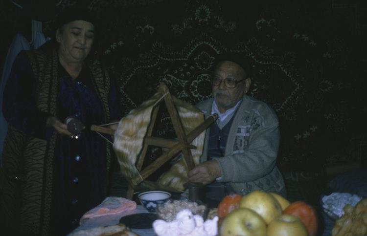 Image of Slide showing the process of silk string manufacture by Rihzhon Khojakhanov and his family