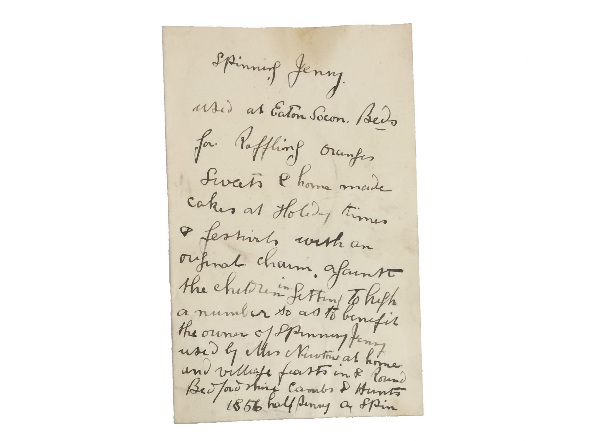 A handwritten note on old paper about a spinning jenny