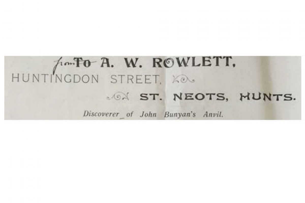 A paper sliver showing the letterhead of a man called AW Rowlett with an address in St Neots