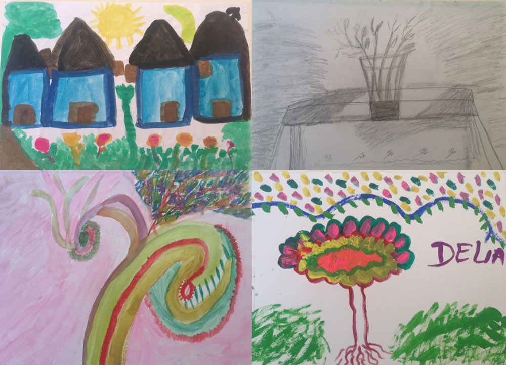 Four drawings of a row of blue houses, a table with a plant, and two bright abstract shapes that might be flowers