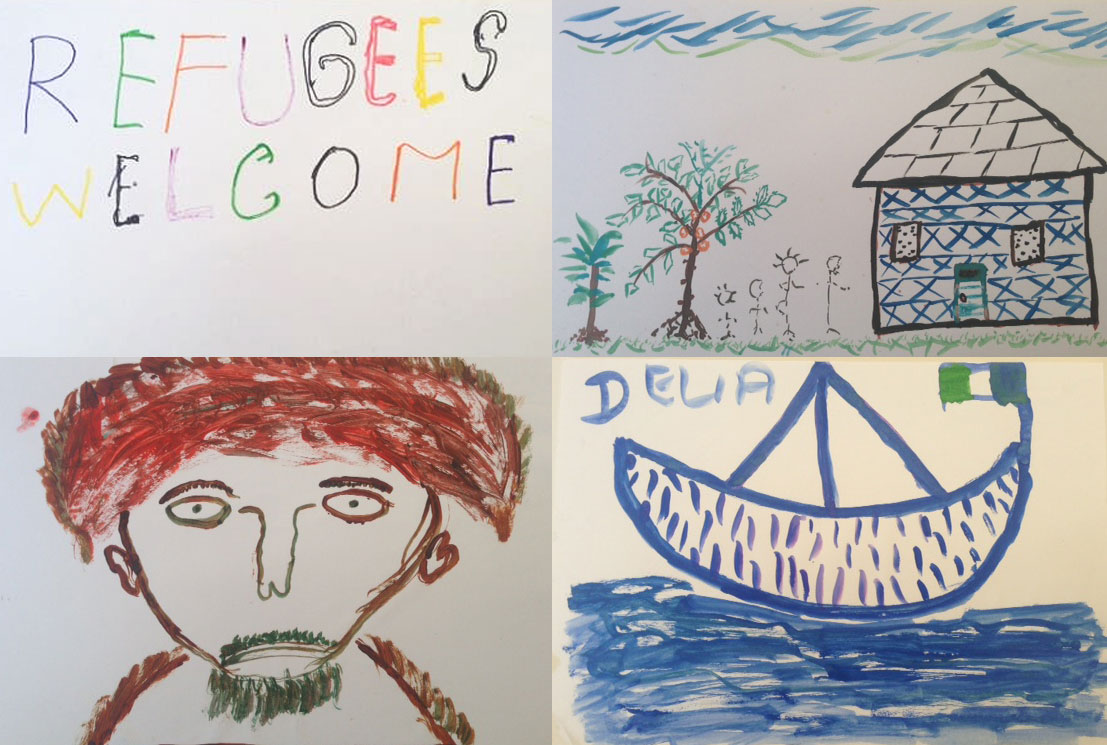 Drawings with the words refugees welcome, a mans face, a house with people outside and a boat on the water