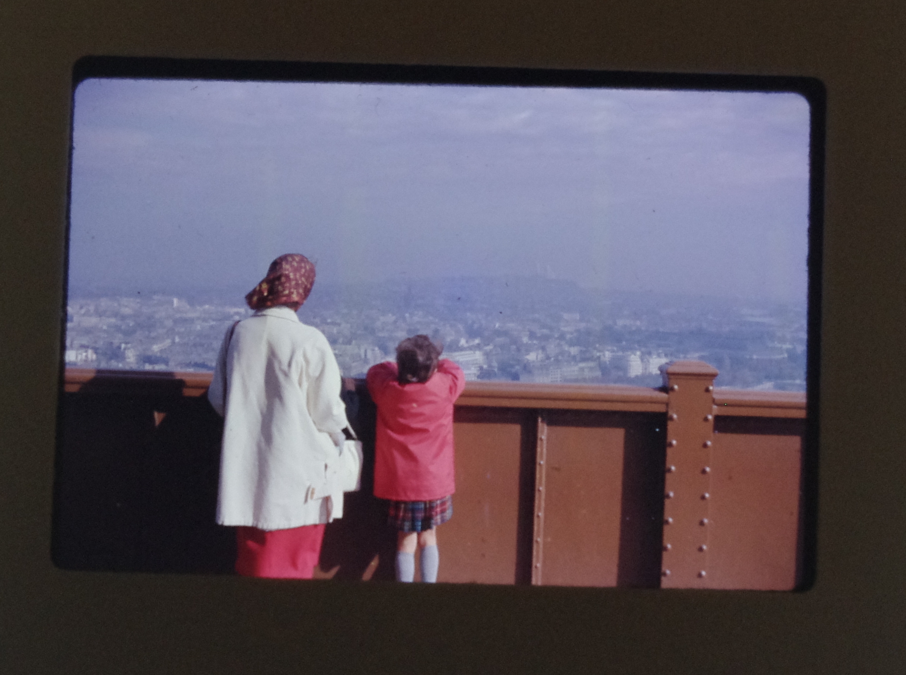 Photograph of woman and child looking at at city horizon