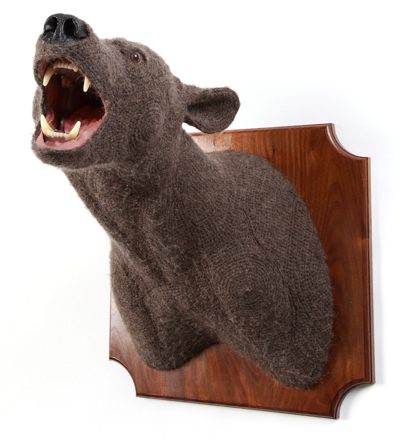 knit sculpture of bear head