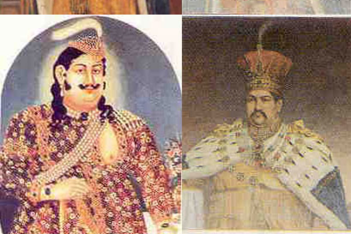 Four portraits of leaders from India, all in ornate crowns, capes, chains
