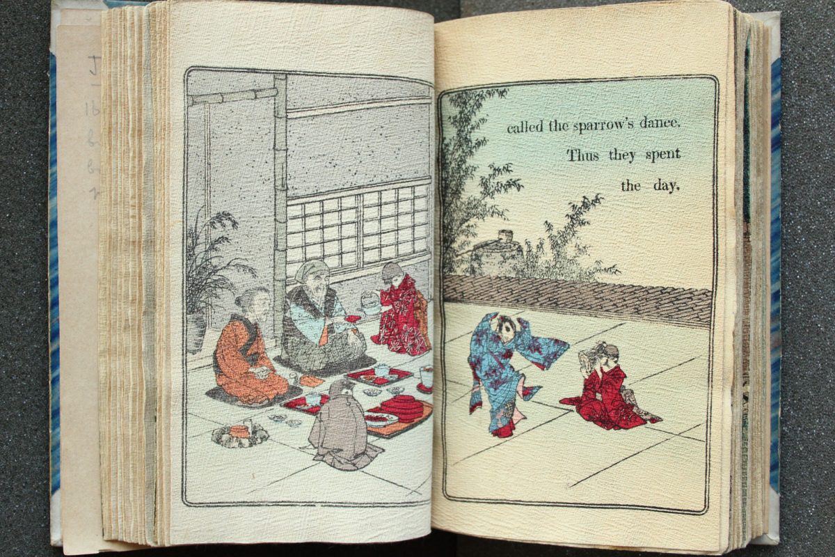 An old book showing an illustration of Japan