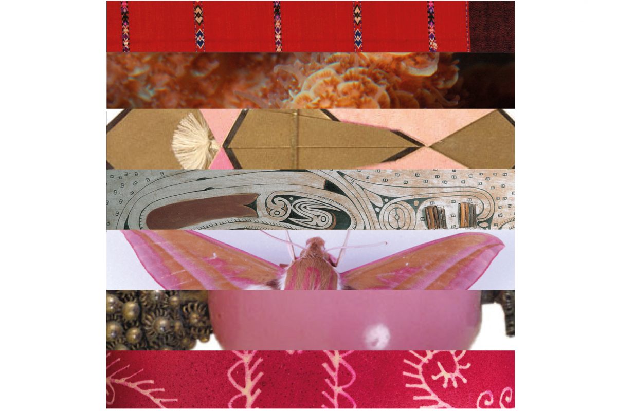 Close up of pink and orange objects in strips to make a flag