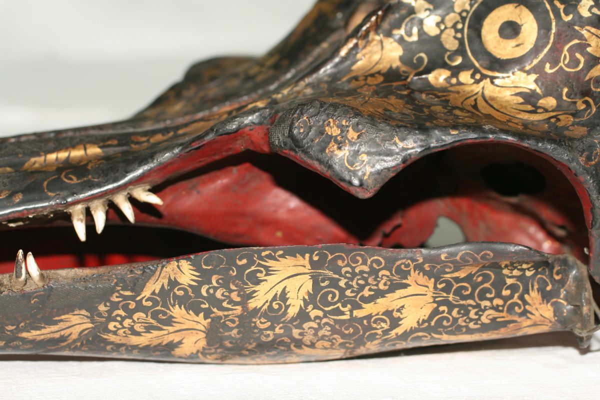 A close up of a lacquered japanese skull