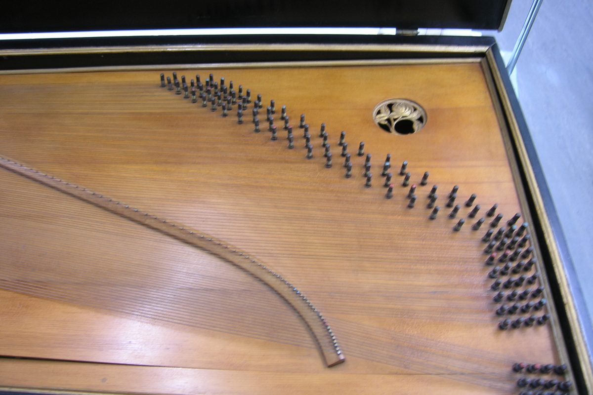 Clavichord open revealing a clean interior, without dust