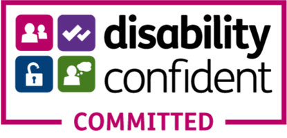 A logo with text saying disability confident committed.