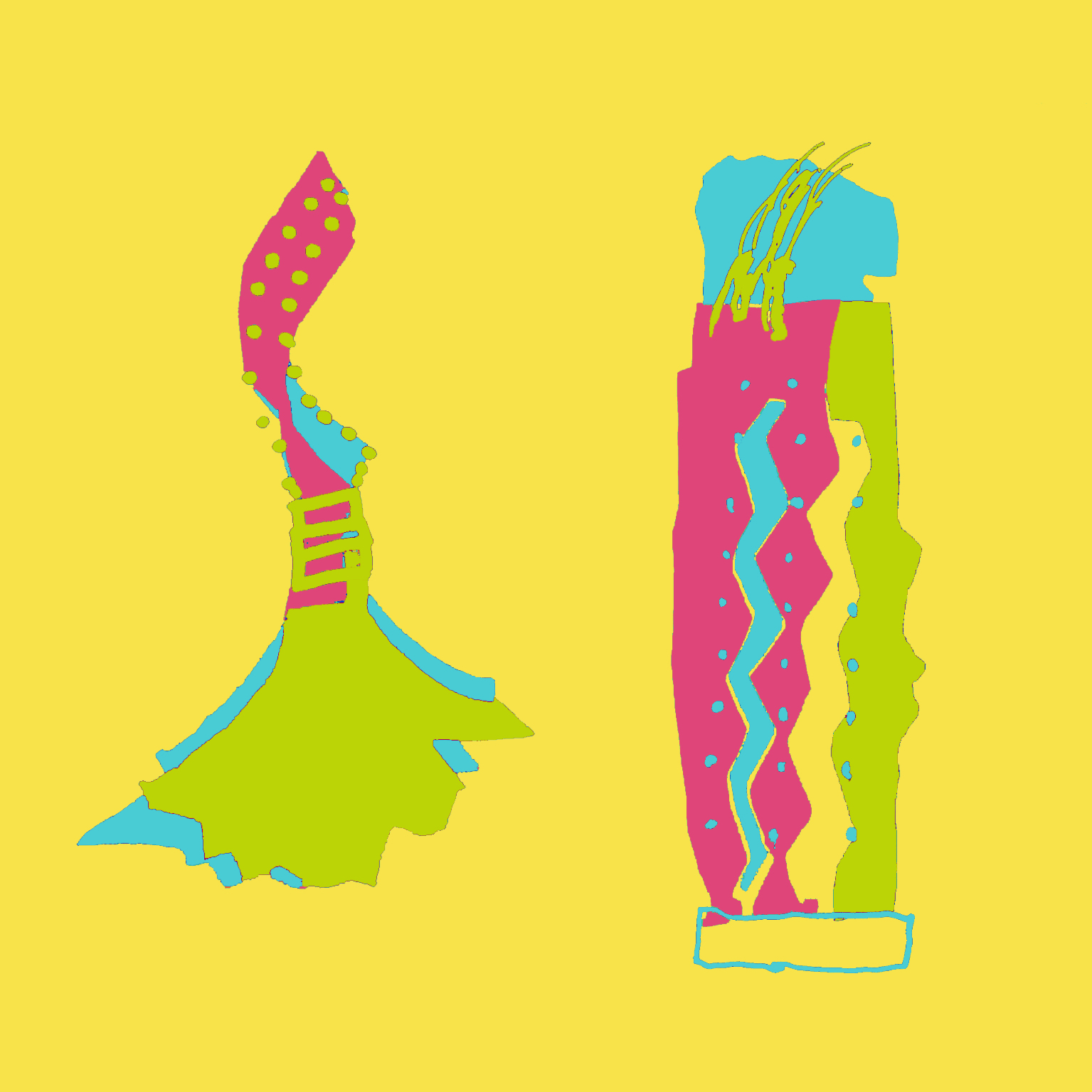 A yellow background with an artists impression of some feathers in a rope and a beaded cylinder - both shapes are pink green and blue