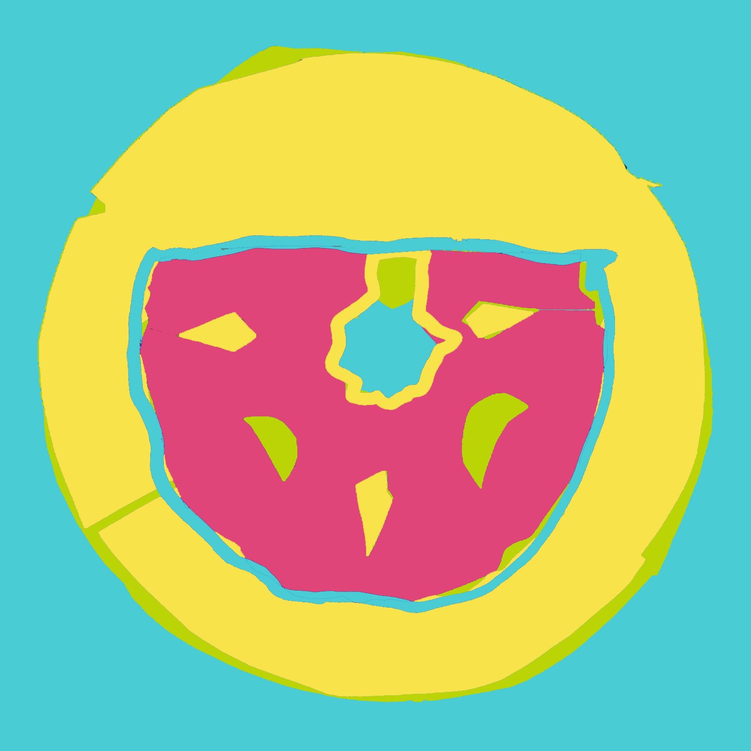 An artists impression of a shield made of a yellow circle on blue with a hole in the middle and a pink area in half a donut shape