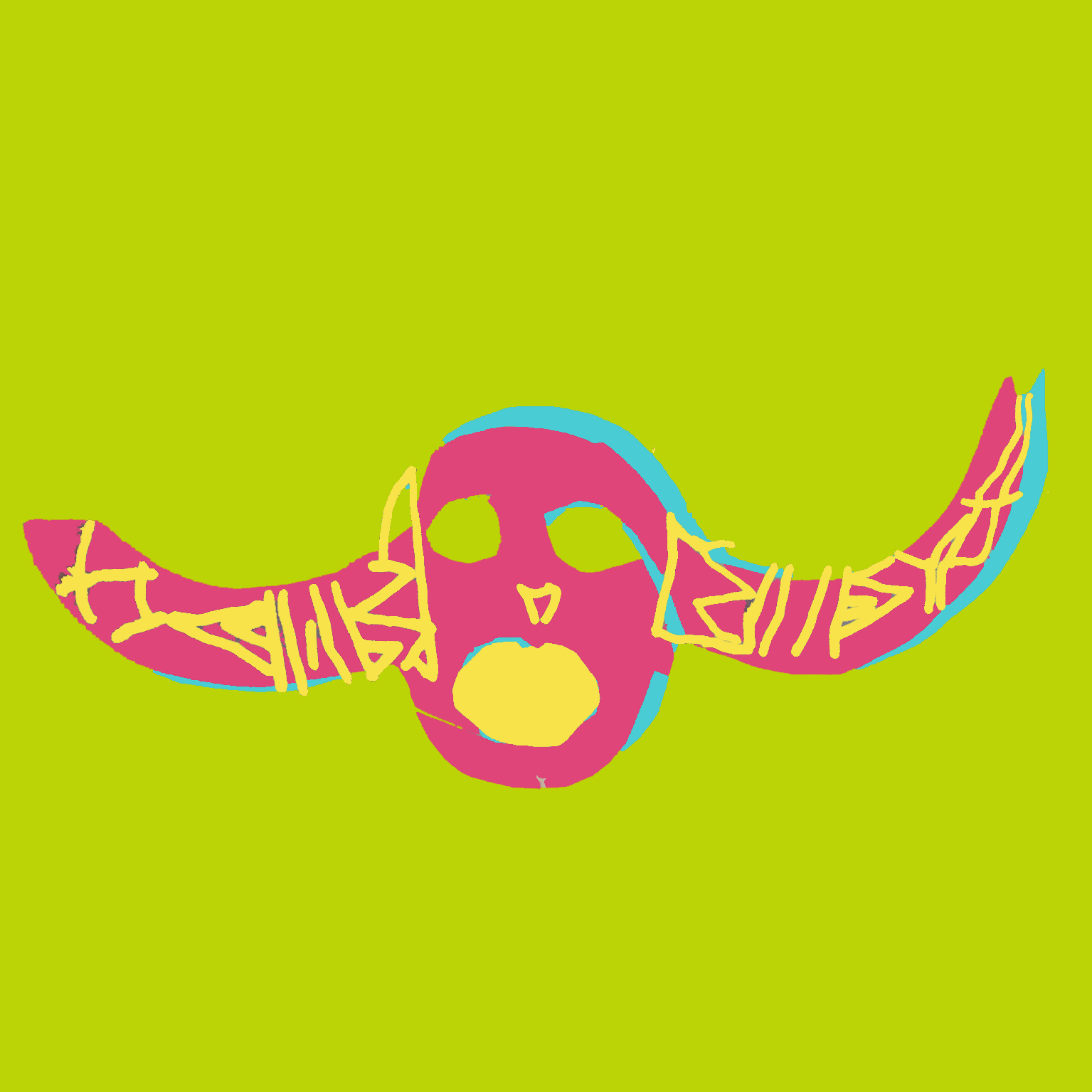 A drawing of a pink mask with horns and an open yellow mouth on a green background