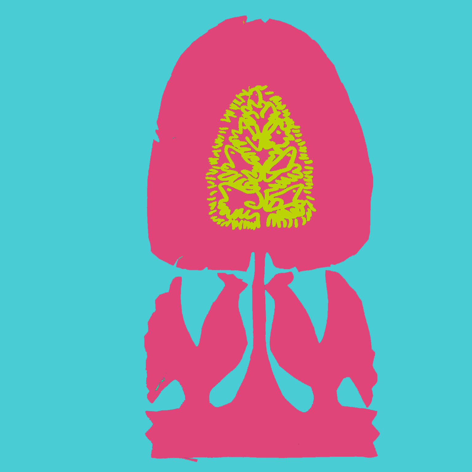 An drawing of a pink papercut, with two cockerels standing beneath a tree on a blue background