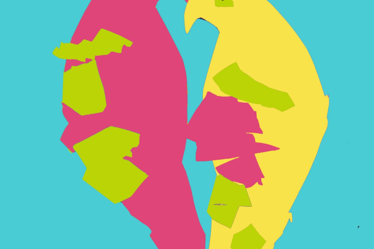 An artists impression of two birds close together facing each other. One bird is pink and the other yellow and they are on a blue background